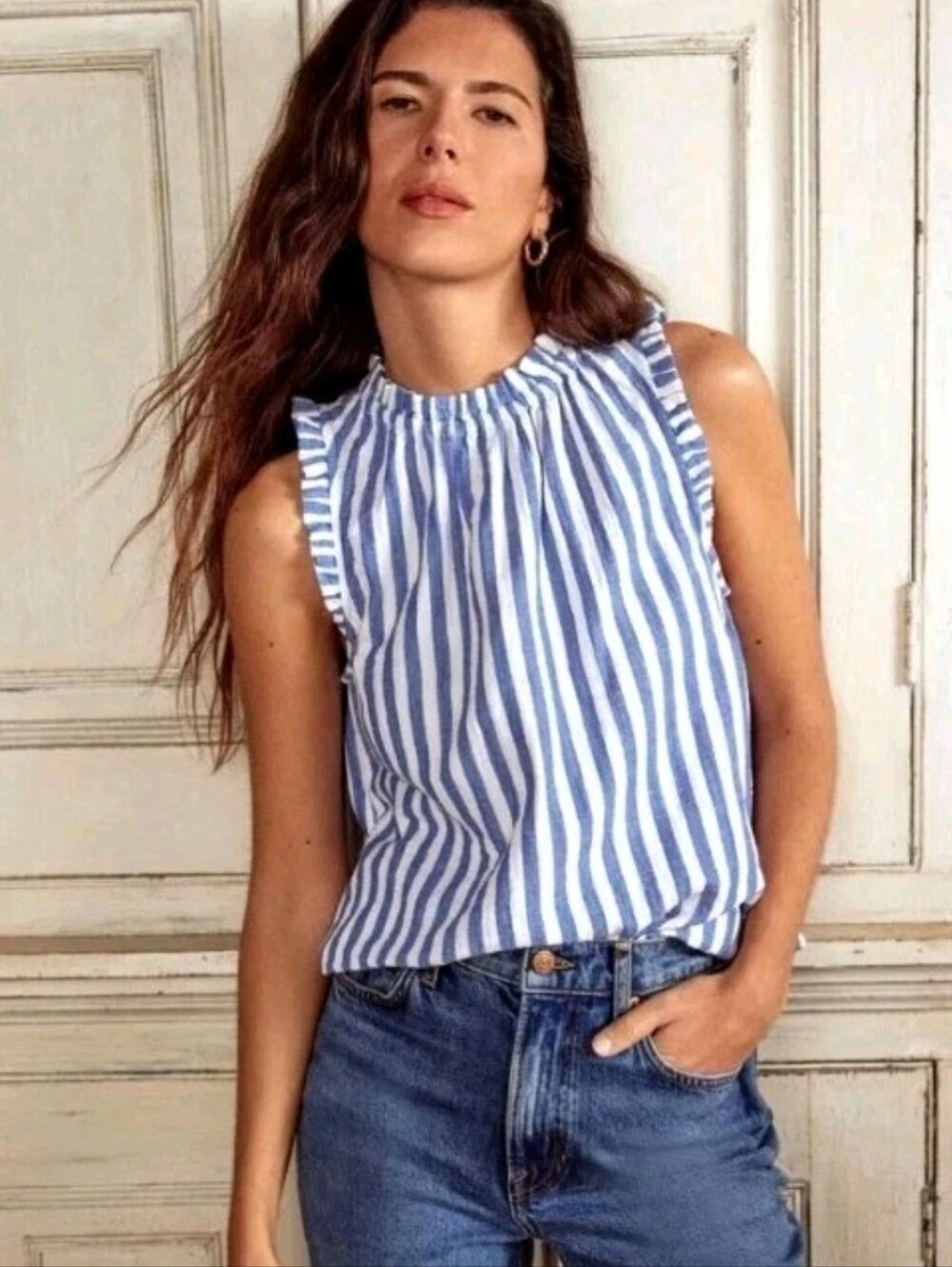 Boden Sophie Ruffle Cotton Top blue White Striped Sleeveless Ruffle Neck US 12